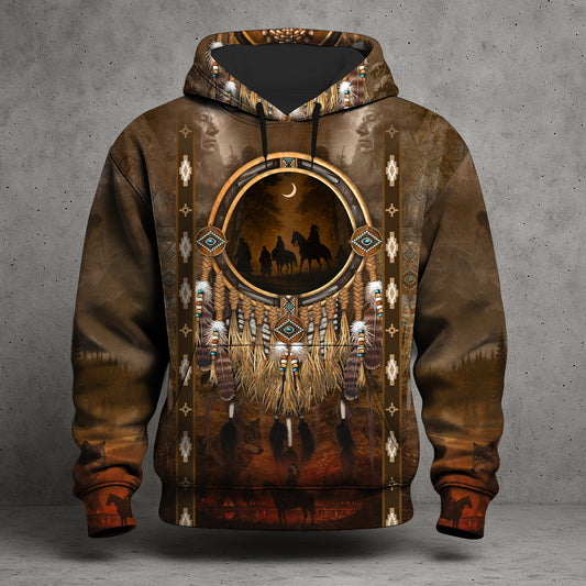 Native Pattern 3D Tribal Hoodie – Feather & Beaded Design with Moonlit Horse Rider Scene