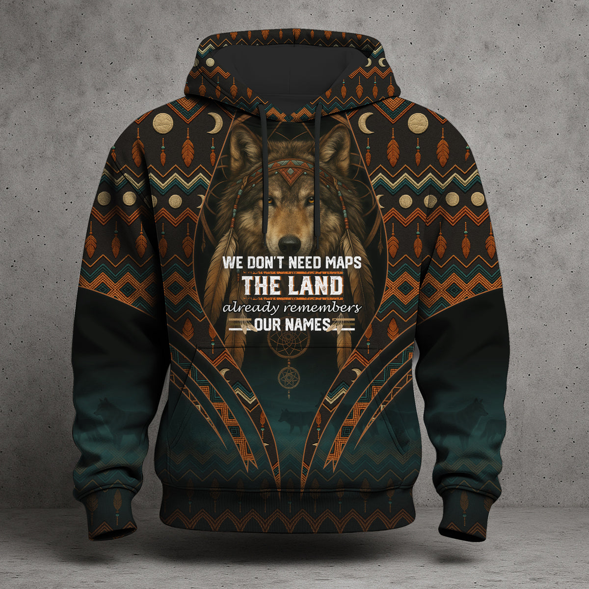 Spirit of the Wolf – Tribal Geometric Design in Dark Green and Copper Tones