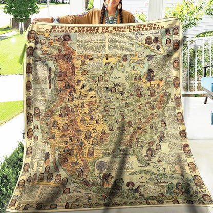 562 Native Tribes of North America Map Fleece Blanket, Native Design Camping Blanket Soft and Warm