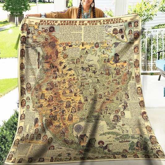562 Native Tribes of North America Map Fleece Blanket, Native Design Camping Blanket Soft and Warm
