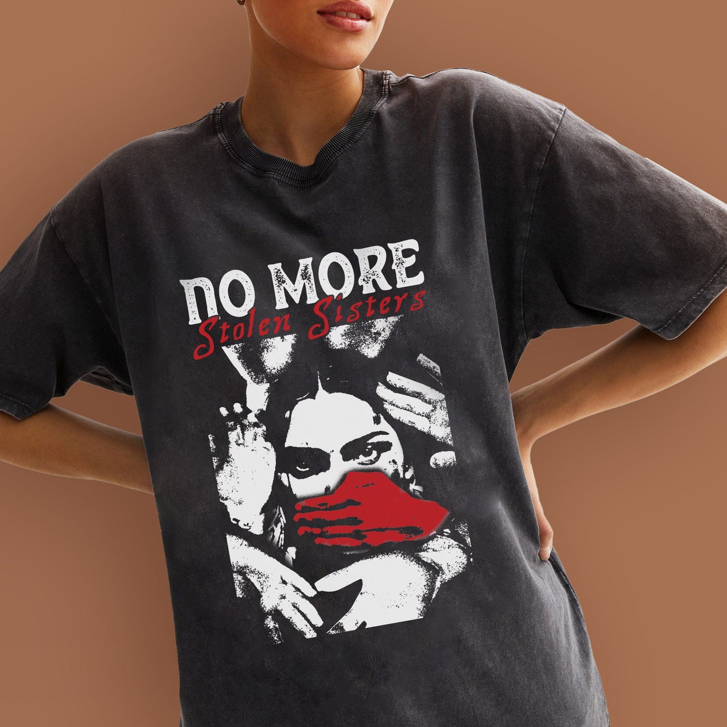 No More Stolen Sisters - Indigenous Women Red Hand Unisex Mineral Washed T-Shirt