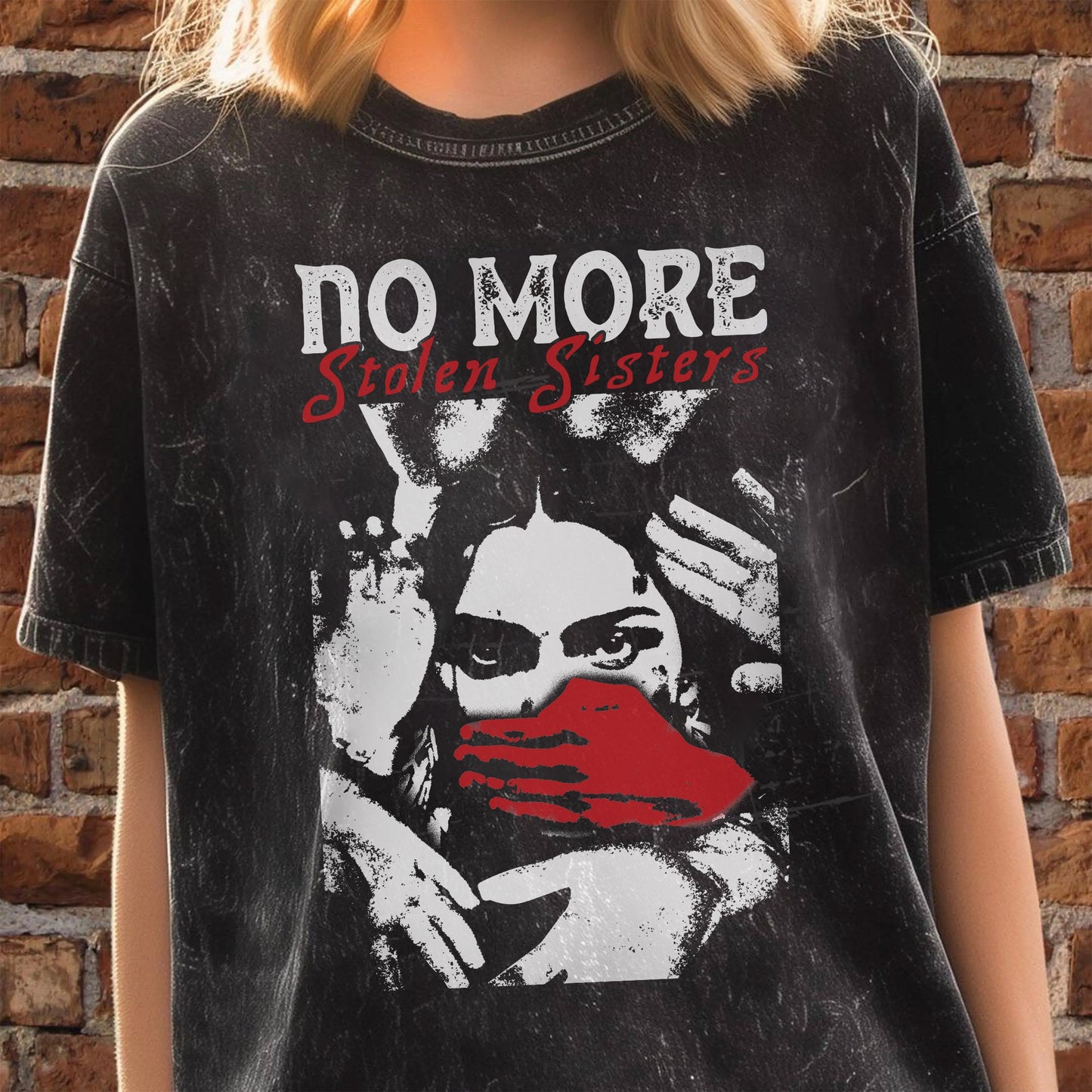 No More Stolen Sisters - Indigenous Women Red Hand Unisex Mineral Washed T-Shirt