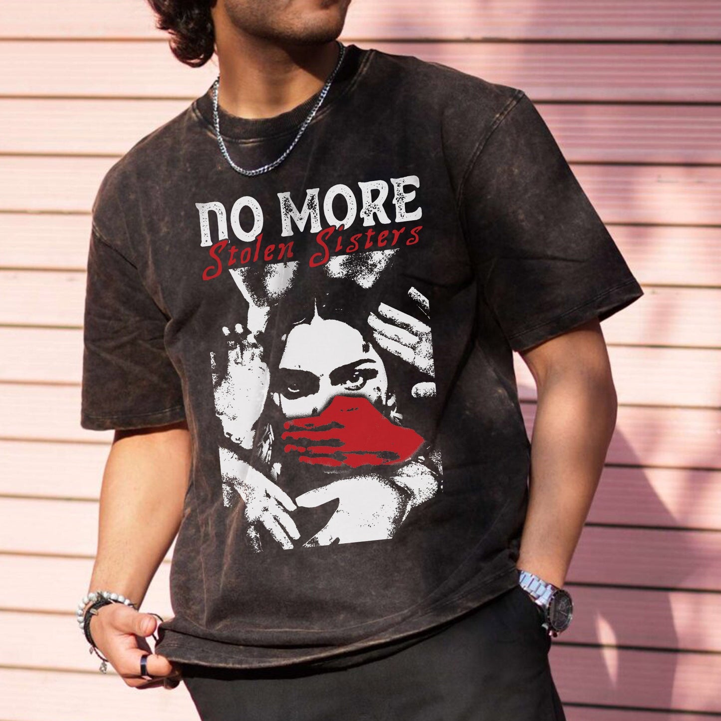 No More Stolen Sisters - Indigenous Women Red Hand Unisex Mineral Washed T-Shirt