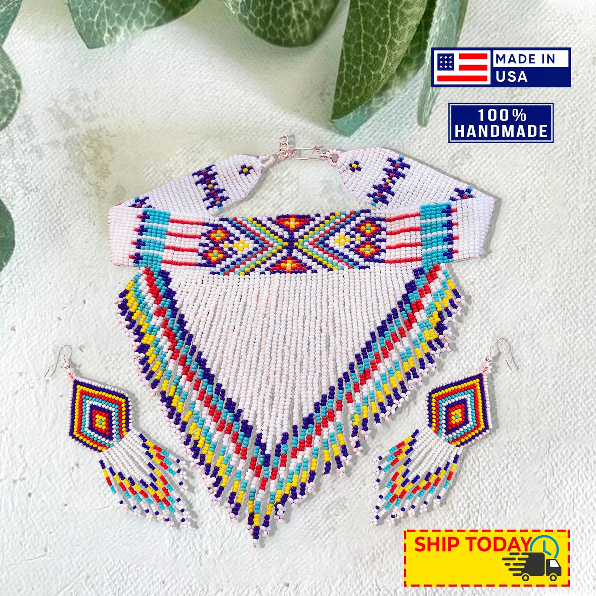Handmade Beaded White Necklace Earrings Set