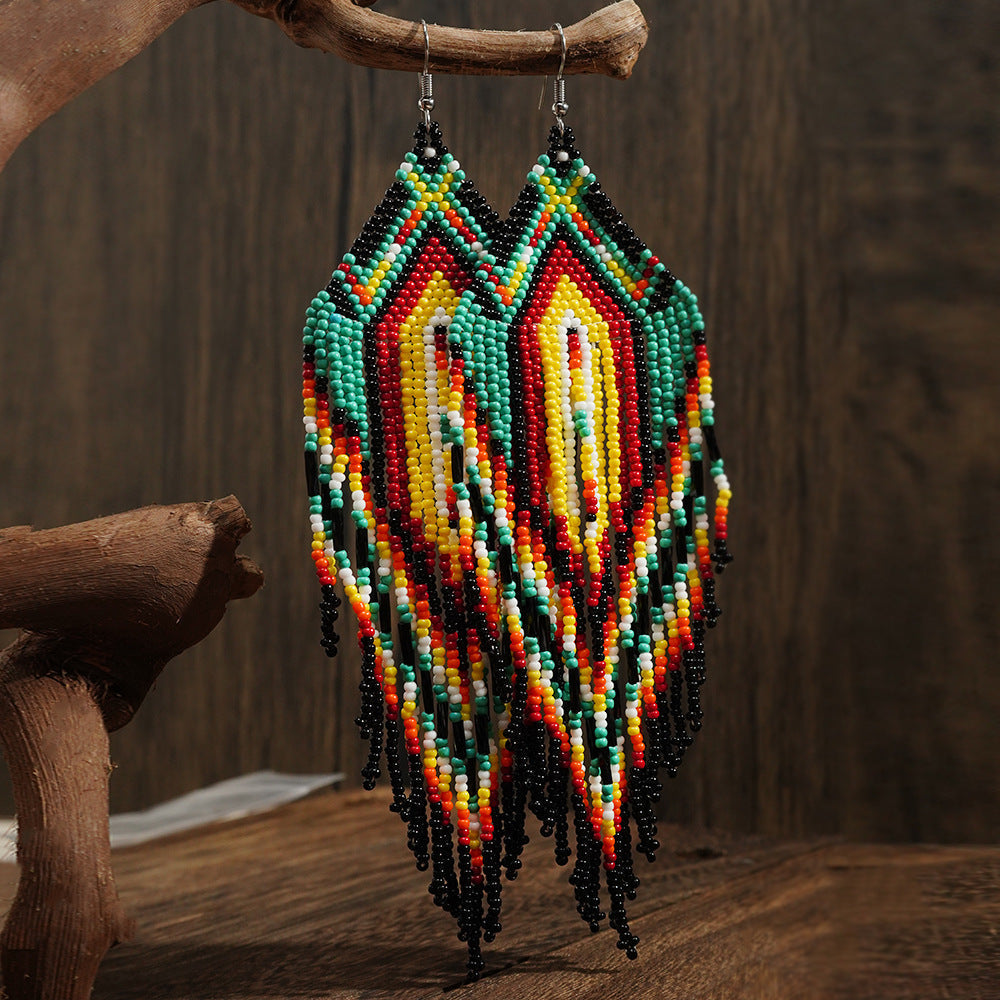 Sacred Feather Beaded Earrings – Vibrant Red, Green, and Yellow with Black Tassels
