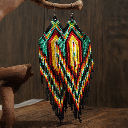 Sacred Feather Beaded Earrings – Vibrant Red, Green, and Yellow with Black Tassels