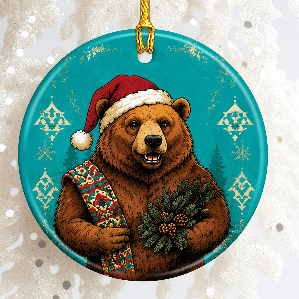 Native Inspired Bear Christmas Ornament Ceramic Woodland Animal Holiday Tree Decoration Gift