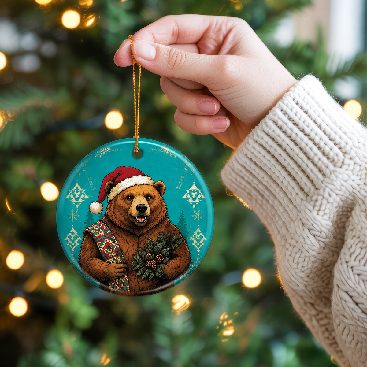 Native Inspired Bear Christmas Ornament Ceramic Woodland Animal Holiday Tree Decoration Gift
