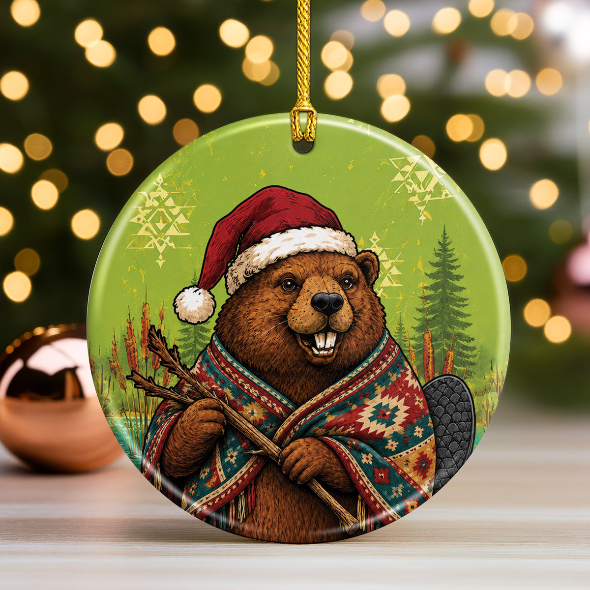 Native Inspired Beaver Christmas Ornament Ceramic Woodland Animal Holiday Tree Decoration Gift