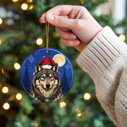 Native Inspired Wolf Christmas Ornament Ceramic Wolf Holiday Tree Decoration Gift