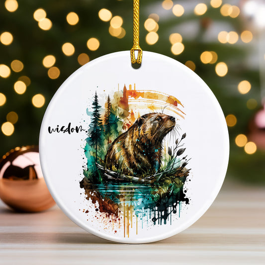 Wisdom Beaver Ceramic Christmas Ornament Watercolor Holiday Tree Decoration Gift
