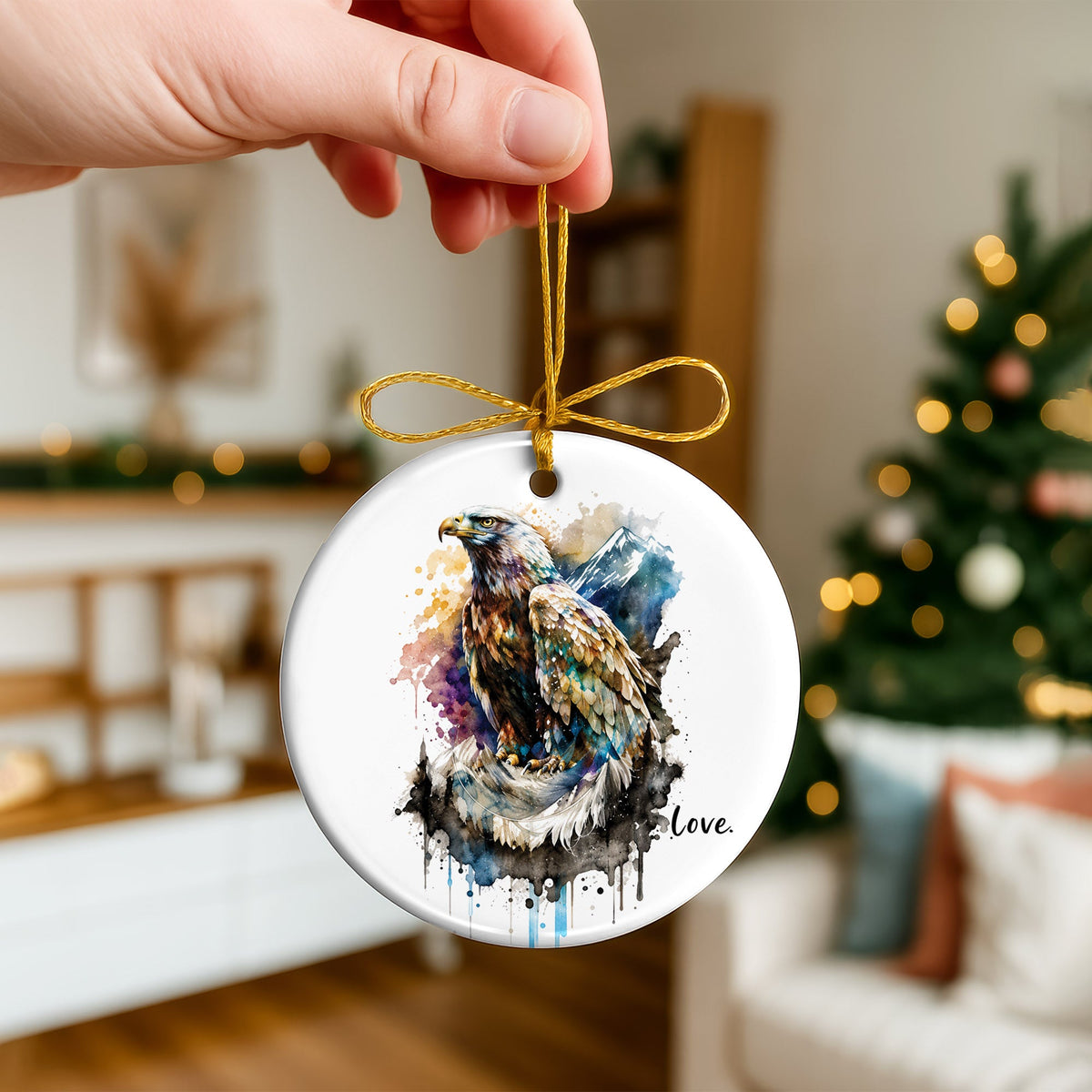 Love Eagle Ceramic Christmas Ornament Watercolor Bald Eagle Holiday Decoration Gift