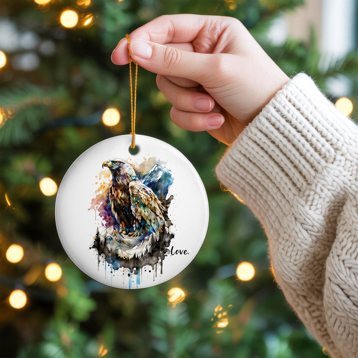 Love Eagle Ceramic Christmas Ornament Watercolor Bald Eagle Holiday Decoration Gift
