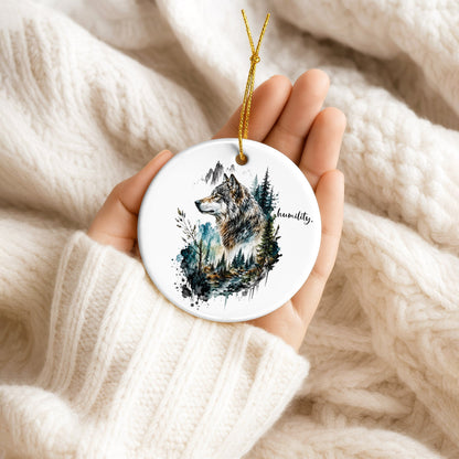 Humility Wolf Ceramic Christmas Ornament Watercolor Wildlife Forest Holiday Decoration Gift