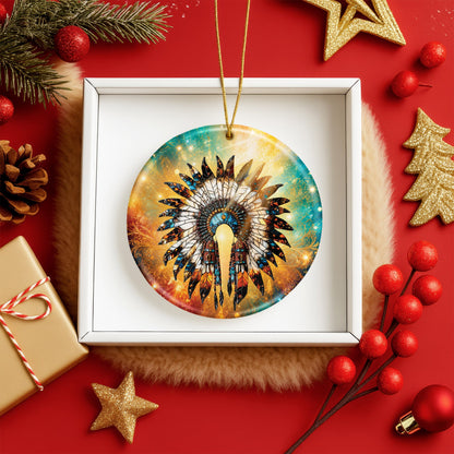 Native American Feather Headdress Ceramic Ornament Indigenous Heritage Holiday Decoration