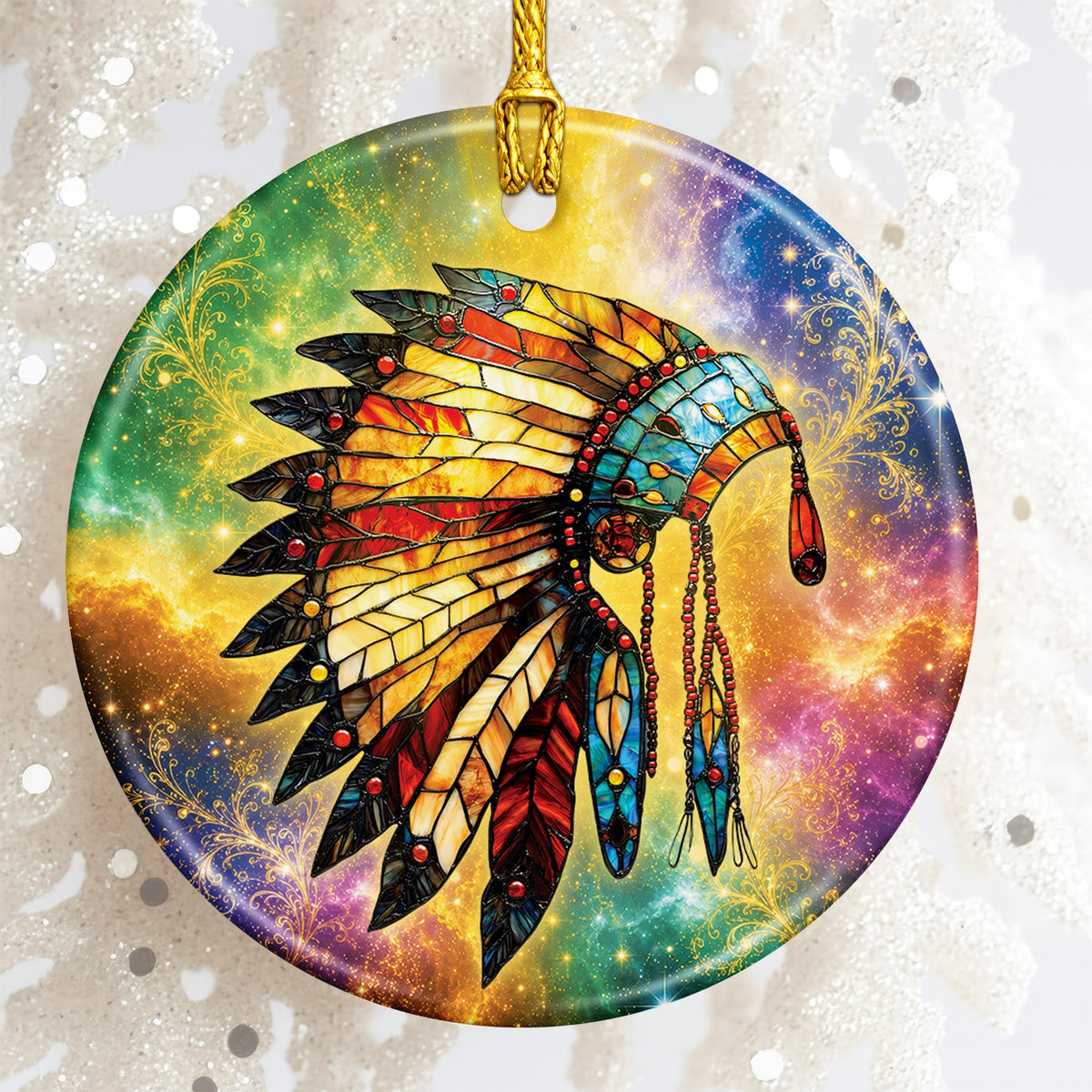 Indigenous Feather Headdress Ceramic Ornament Spiritual Christmas Tree Ornament