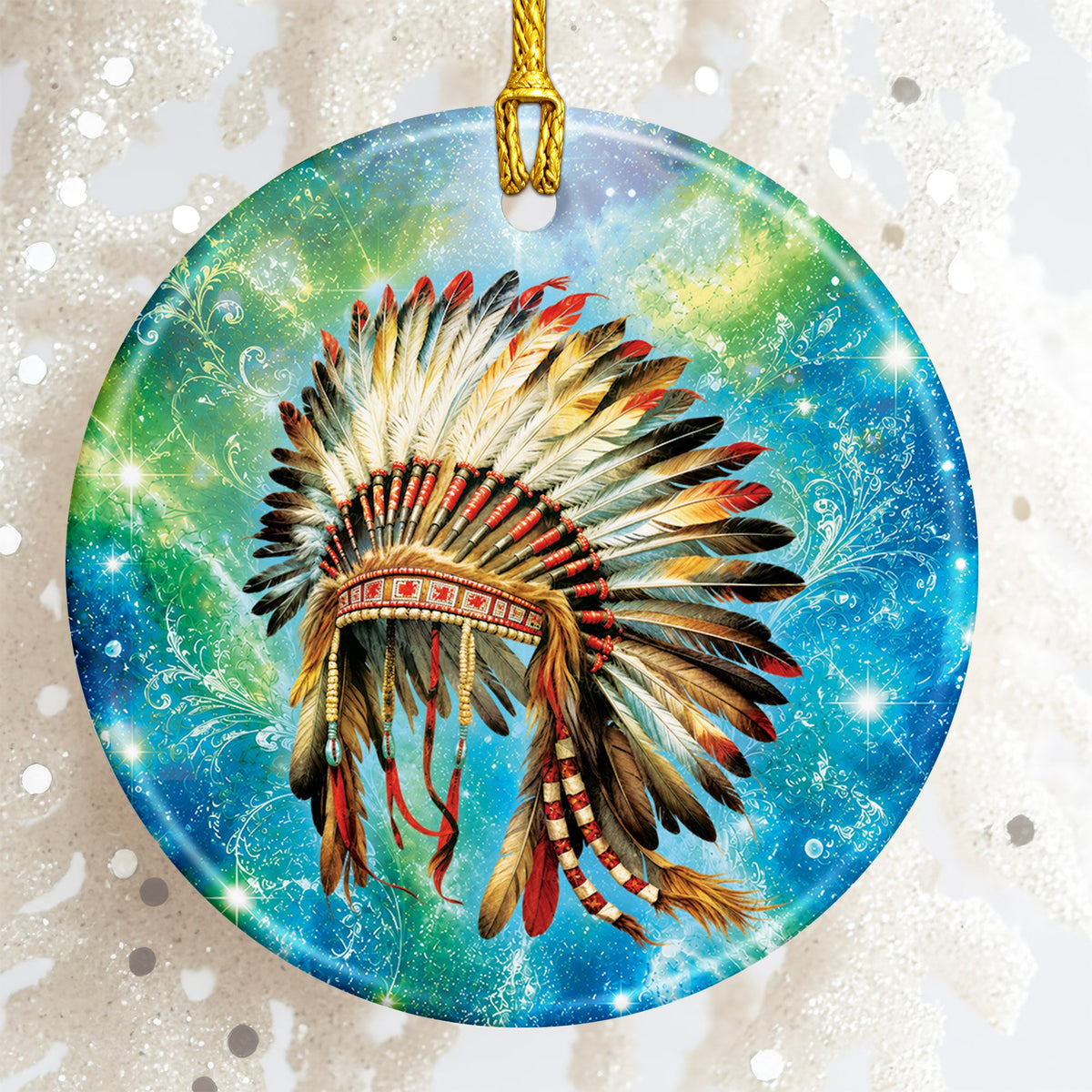 Traditional Native American Headdress Ceramic Ornament Indigenous Heritage Christmas Tree Decor