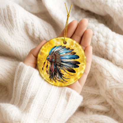 Blue Feather Headdress Ceramic Ornament Native American Heritage Christmas Tree Decoration
