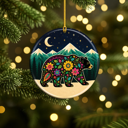 Sacred Bear Spirit Ceramic Ornament Native Inspired Floral Bear Christmas Decor