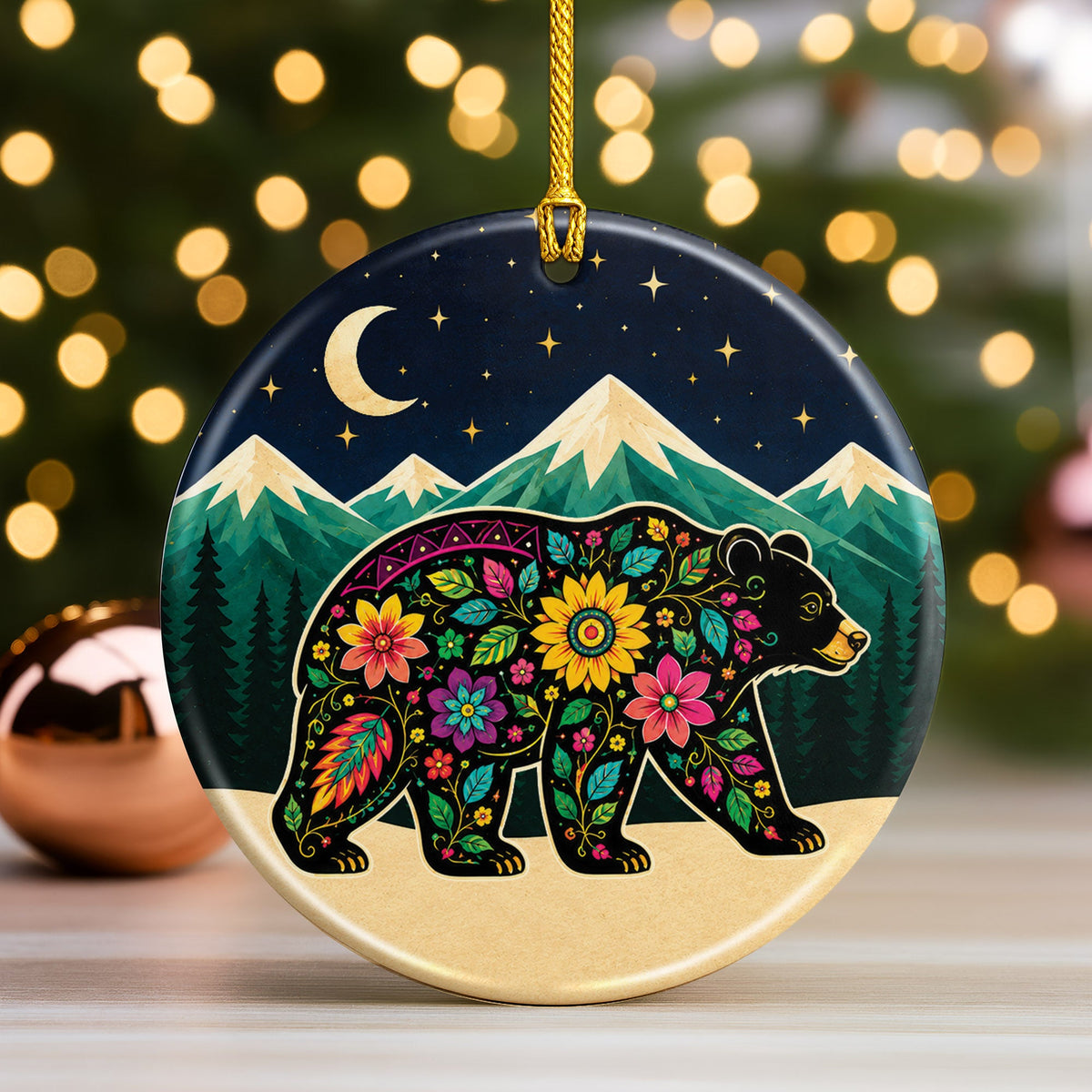 Sacred Bear Spirit Ceramic Ornament Native Inspired Floral Bear Christmas Decor
