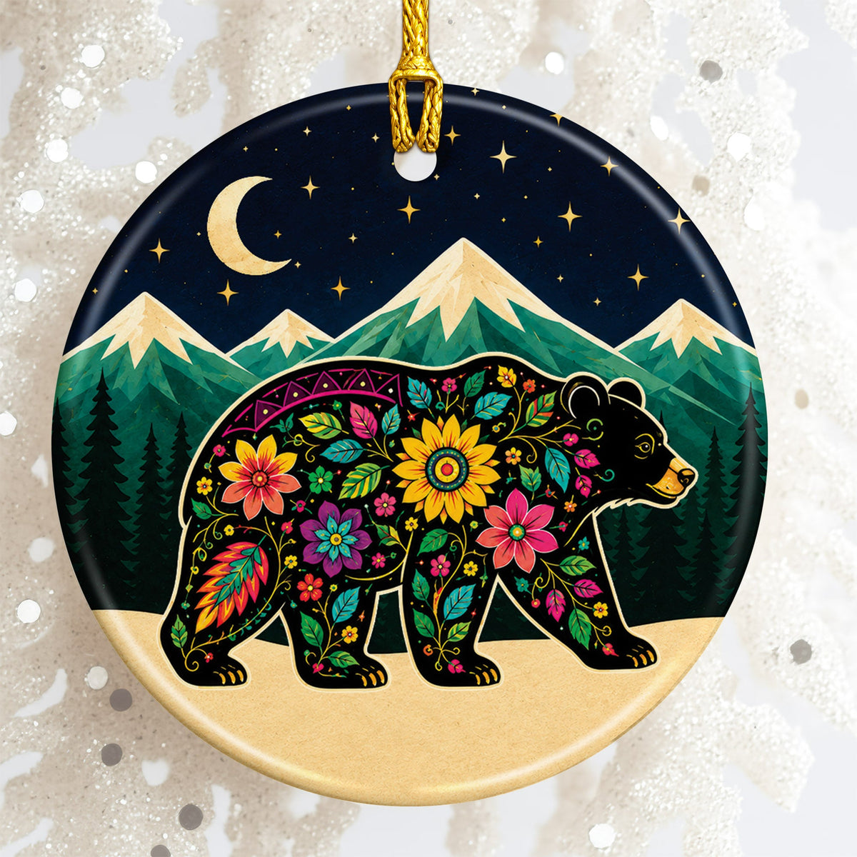 Sacred Bear Spirit Ceramic Ornament Native Inspired Floral Bear Christmas Decor
