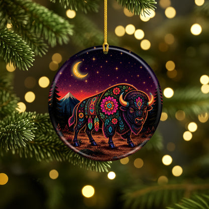 Sacred Buffalo Spirit Ceramic Ornament Floral Bison Native Inspired Christmas Decor