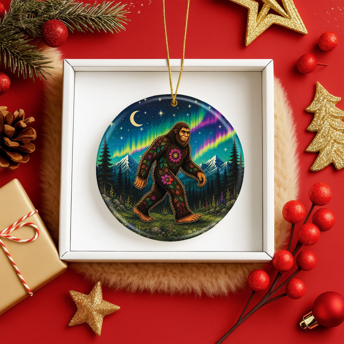Native Inspired Bigfoot Ceramic Ornament Floral Sasquatch Christmas Holiday Decor