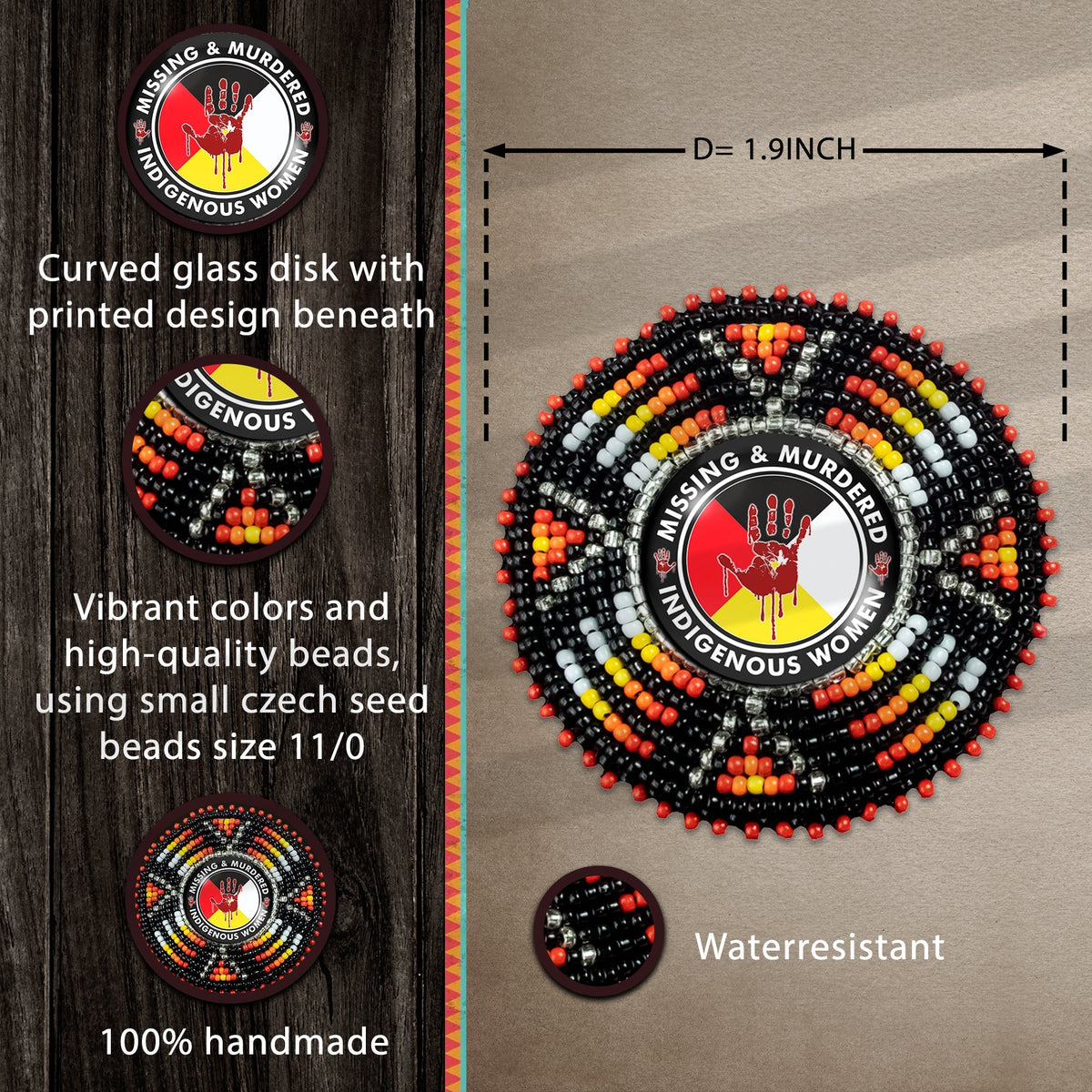 MMIW Sunburst Handmade Glass Beaded Patch Necklace Pendant