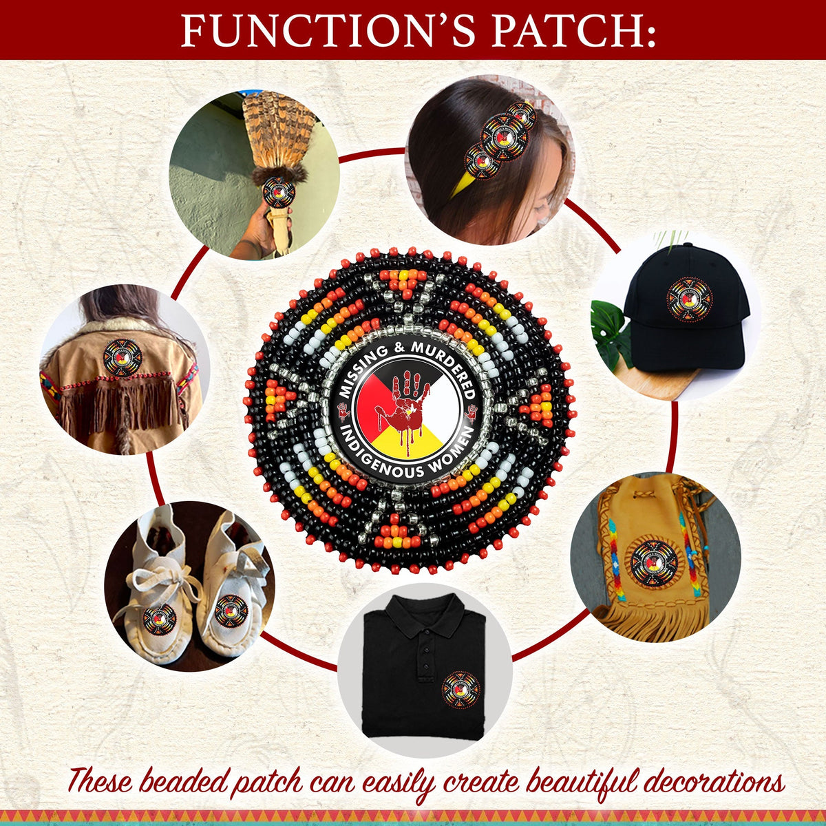 MMIW Sunburst Handmade Glass Beaded Patch Necklace Pendant