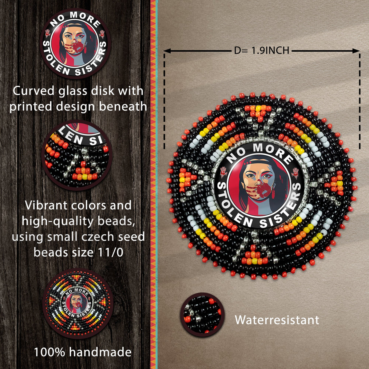 No More Stolen Sister Sunburst Handmade Glass Beaded Patch Necklace Pendant