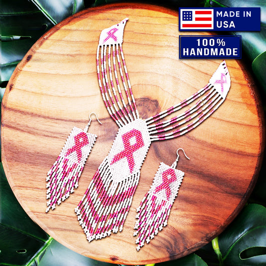 Handmade Pink Ribbon Breast Cancer Awareness Necklace Earrings Set