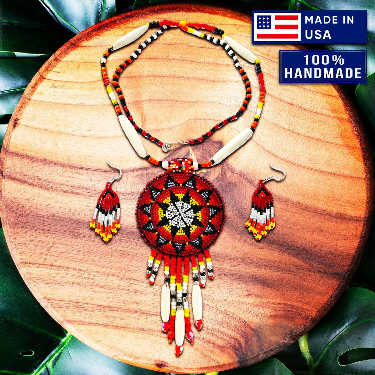 Red Seed Beads Long Medallion Star Fire Color Beaded Necklace Earrings Set