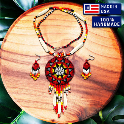 Red Seed Beads Long Medallion Star Fire Color Beaded Necklace Earrings Set