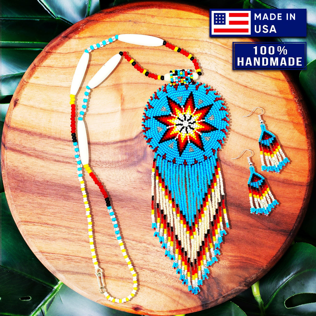 Turquoise Blue Seed Bead Long Star Medallion Beaded Necklace Earrings