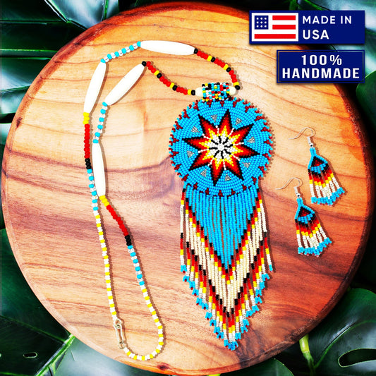 Turquoise Blue Seed Bead Long Star Medallion Beaded Necklace Earrings