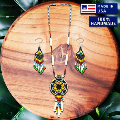 Black Yellow Seed Bead Long Star Medallion Handmade Necklace Earrings Set