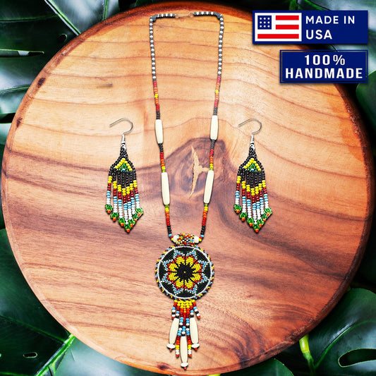 Black Yellow Seed Bead Long Star Medallion Handmade Necklace Earrings Set