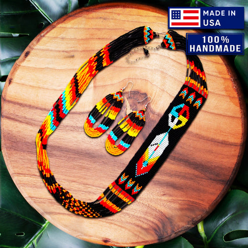 Black Fire Seed Beaded Necklace Earrings Feather Beadwork