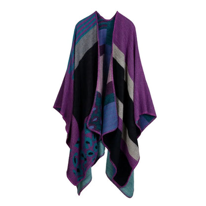 Autumn Winter Lattice Women Travel Shawl Imitation Cashmere European  National Style Fork Thickened Cloak Ponchos Capes