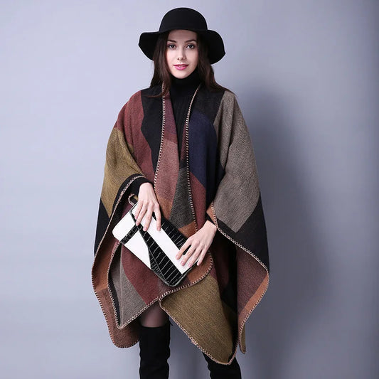 Autumn Winter Lattice Women Travel Shawl Imitation Cashmere European  National Style Fork Thickened Cloak Ponchos Capes