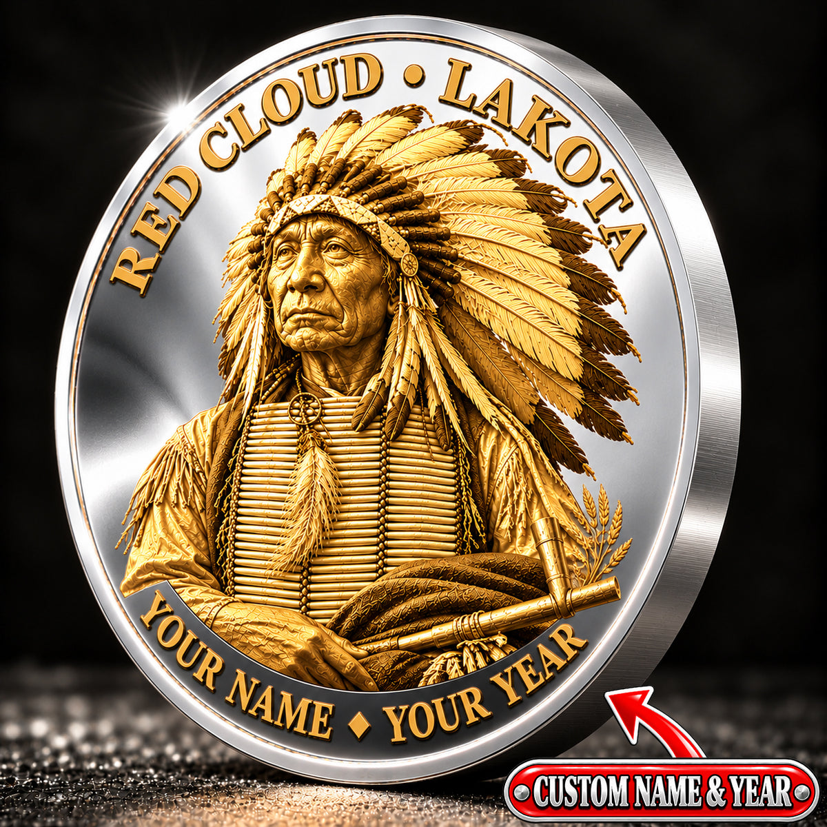 Red Cloud Lakota Coin, Personalized Name & Year, Native American Heritage Keepsake, Peace and Love Quote Gift
