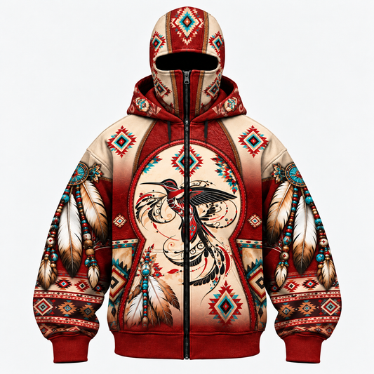 3D Balaclava Zip Hoodie Native American Faux Leather Vest Hoodie, Southwestern Tribal Eagle Feather Graphic