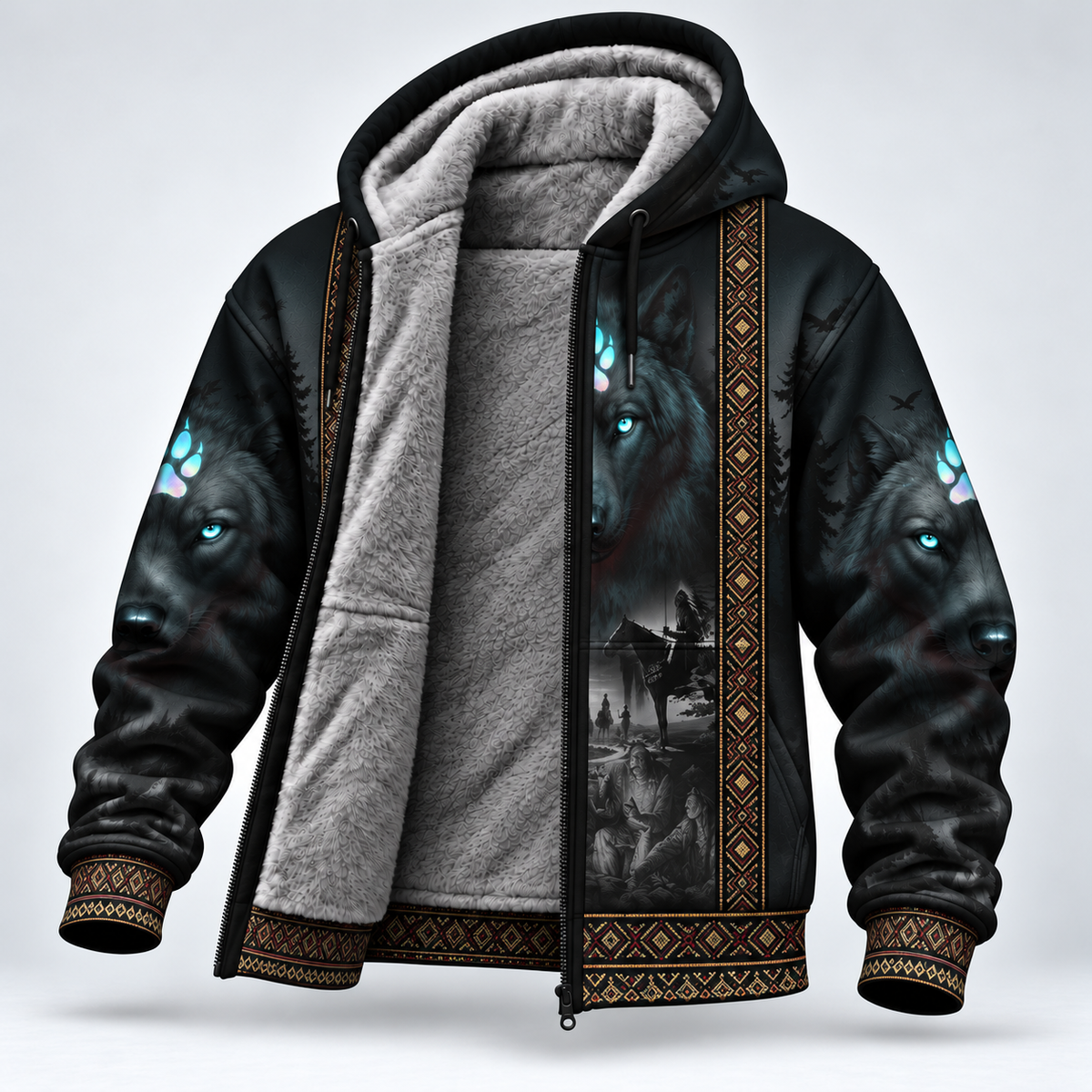 3D Fleece Jacket  Tribal Wolf Guardian Hoodie – 3D Native Spirit Artwork, Blue Eyes Wolf Totem