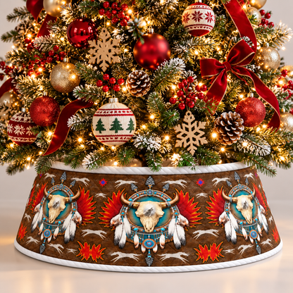 Quilted Christmas Tree Collar - Native American Buffalo Skull Dreamcatcher Turquoise Feather & Tribal Spirit Christmas Tree Skirt