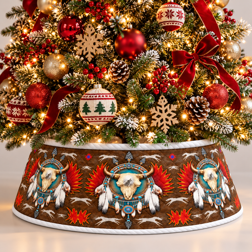 Quilted Christmas Tree Collar - Native American Buffalo Skull Dreamcatcher Turquoise Feather & Tribal Spirit Christmas Tree Skirt