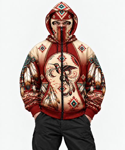 3D Balaclava Zip Hoodie Native American Faux Leather Vest Hoodie, Southwestern Tribal Eagle Feather Graphic