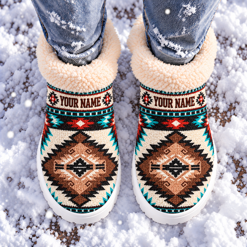 Snow Boots - Personalized Native American Aztec Tribal Pattern Southwestern Boho Cozy House Shoes