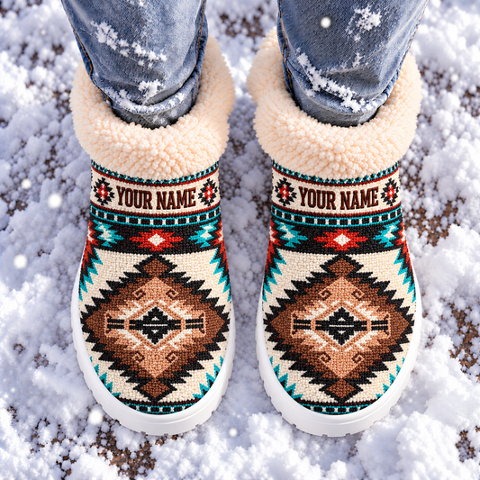 Snow Boots - Personalized Native American Aztec Tribal Pattern Southwestern Boho Cozy House Shoes