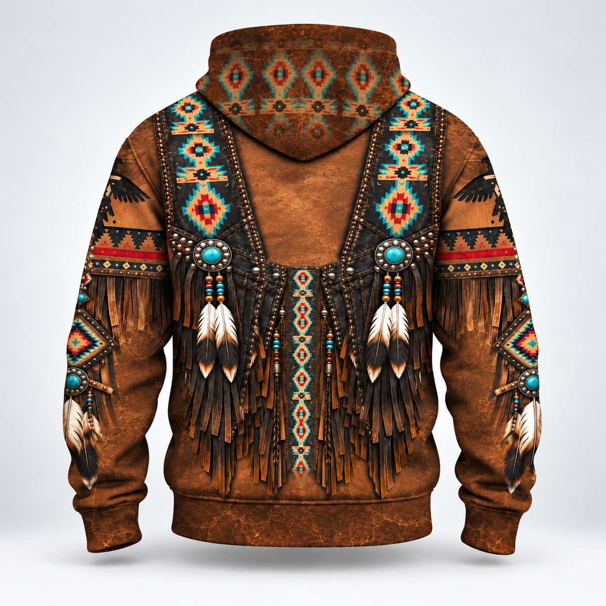 3D Fleece Jacket Faux Leather Vest Hoodie, Southwestern Tribal Eagle Feather Graphic0