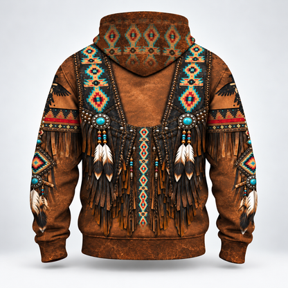 3D Fleece Jacket Faux Leather Vest Hoodie, Southwestern Tribal Eagle Feather Graphic0